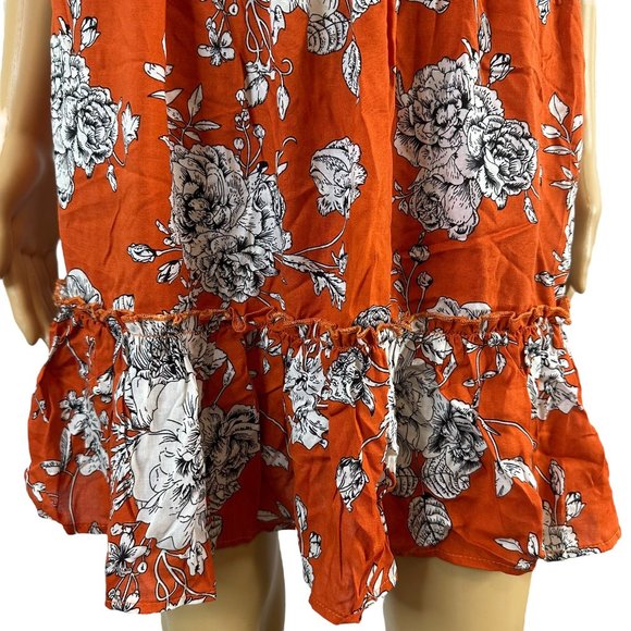 Women Boho Dress Medium M Orange White Floral Hem Ruffled Backless Elastic Waist - Picture 12 of 16
